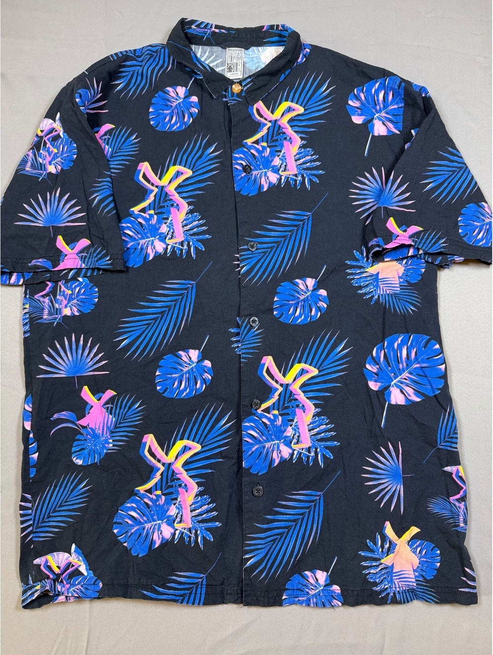Dutch Bros Coffee Hawaiian Shirt Men’s Large Tropical Floral Blue Pink Button Up